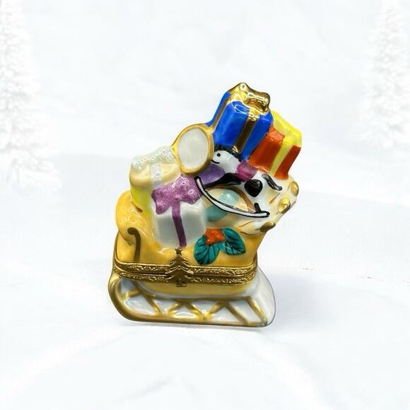 Limoges Christmas Sled with Teddy Bear Porcelain Trinket Box Peint Main Reindeer - Picture 1 of 11